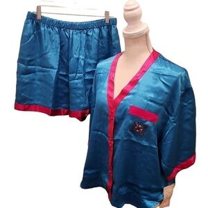 Delicates Women's Blue Button Front Elastic Waist Sleepwear Pink Trim Size L(16/